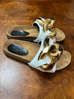 JW Anderson White Slide Sandals with Gold Chain Detail size 40